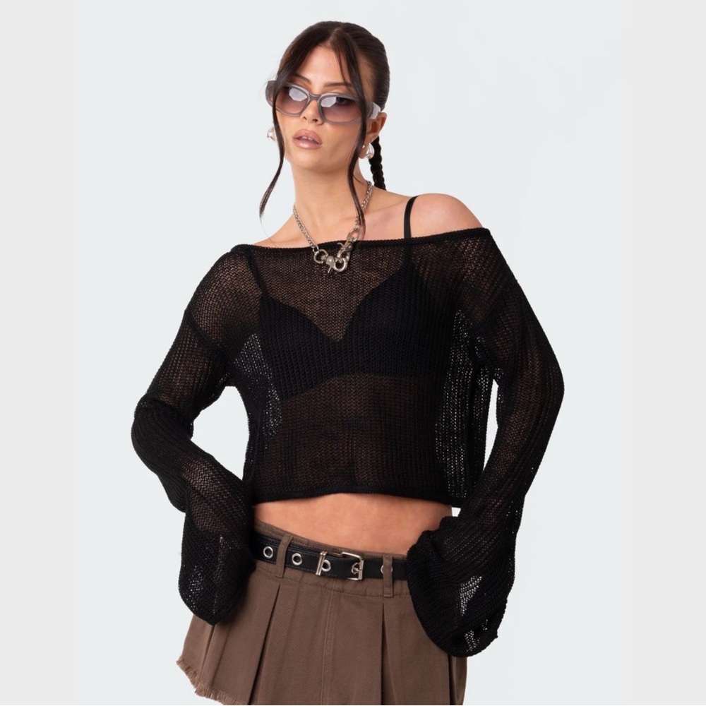 NWT Edikted Black Sheer Off-Shoulder Knit Sweater Sz M